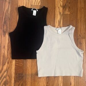 H&M 2 Pack Crop Ribbed Tanks - Black & Cream - Medium